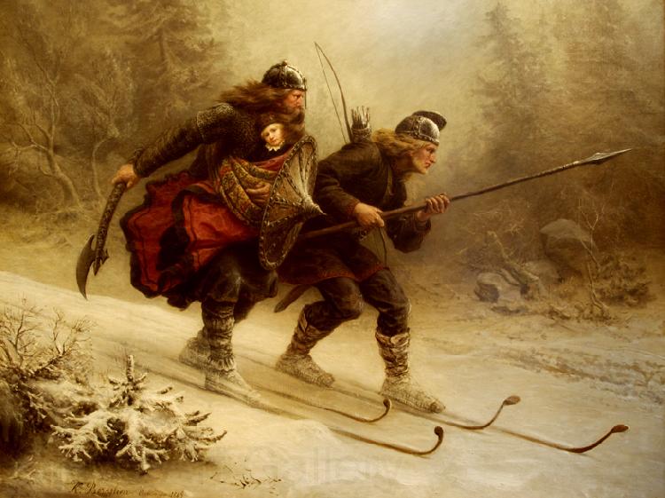 Knud Bergslien Birkebeinerne pa Ski over Fjeldet med Kongsbarnet Norge oil painting art